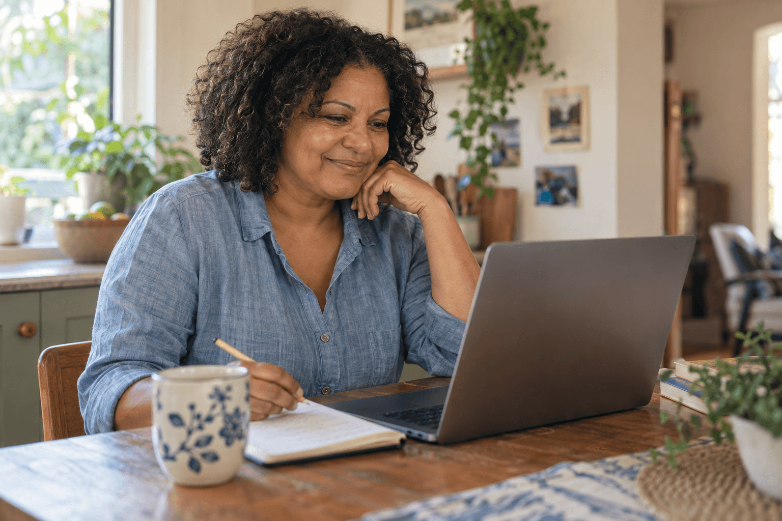 AI-generated illustration of a woman practising online with her laptop and notebook at home.