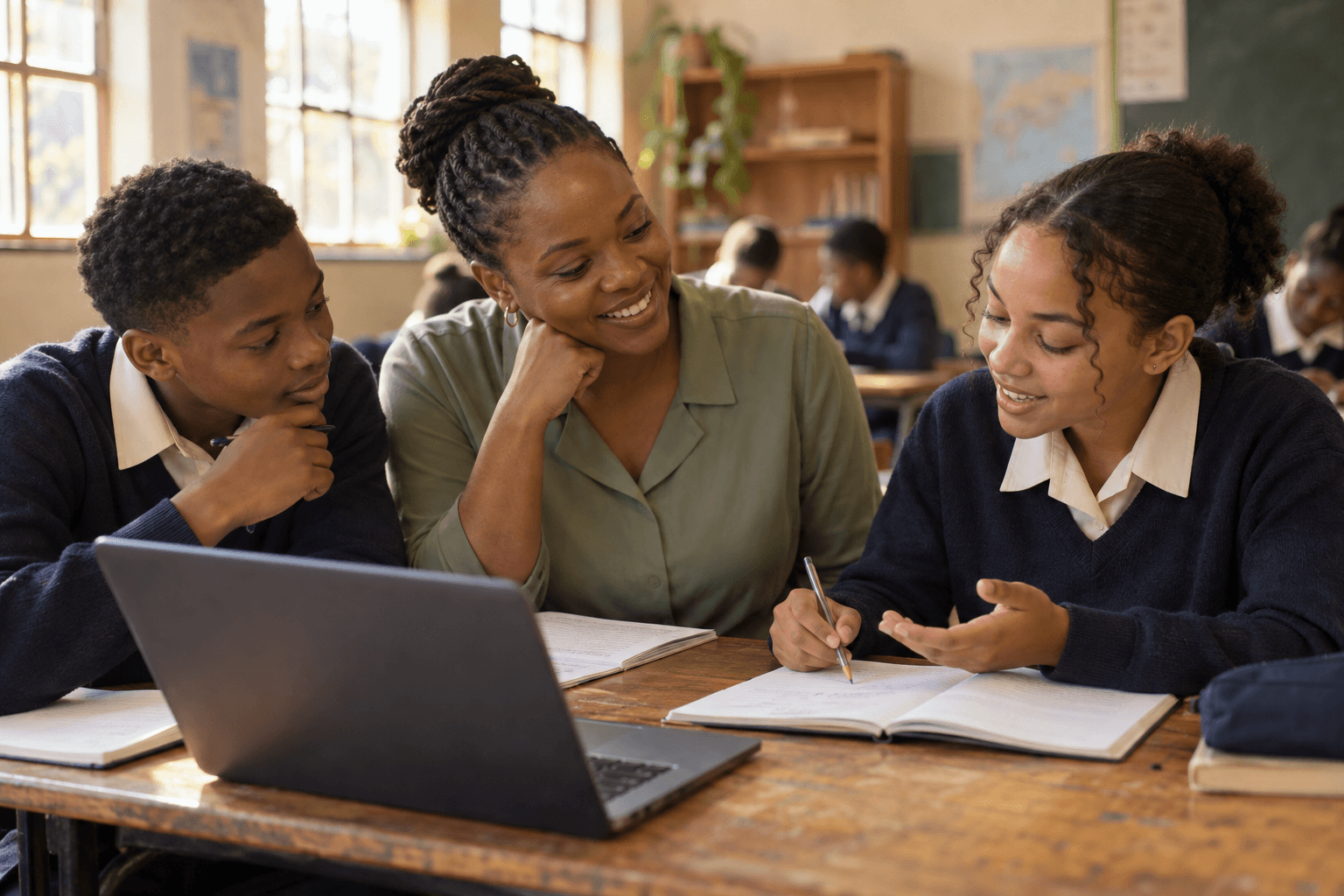 AI-generated illustration of a teacher encouraging two learners as they discuss their work.